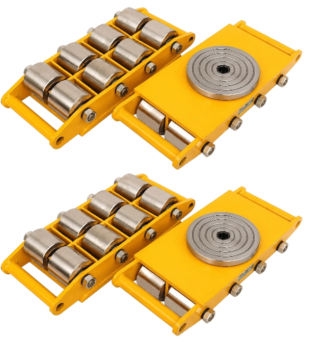 Kit de Tortugas de Carga para 60 Toneladas: cuatro tortugas de carga de diez toneladas cada una para mover cuarenta toneladas en conjunto. El movimiento de la carga industrial se realiza distribuyendo el Kit de Tortugas de Carga para 60 Toneladas en cuatro puntos de apoyo, por debajo de la carga con la ayuda de un gato hidráulico. Dejando las dos tortugas de carga con disco de giro en la parte de enfrente para poder girarlas cuando se requiera dar vuelta. Se recomienda: Uso de Manubrio para jalar y guiar la carga. Para lugares al aire libre o húmedos, pedir rodamientos en acero inoxidable. Elegir el material de las ruedas de carga de acuerdo a sus necesidades. (Revisa en la pestaña en la parte inferior sobre ruedas) Especificaciones: Capacidad Total del kit: sesenta toneladas Capacidad de cada tortuga: quince toneladas Piezas del kit: Cuatro tortugas de carga Dos tortugas fijas (sin disco de giro) Dos torgas giratorias (con disco de giro) Altura fijas: 80 mm Altura giratorios: 105 mm Ruedas: se pueden surtir ruedas en Nailon, Acero o Poliuretano.(Revisa en la pestaña en la parte inferior sobre ruedas) Cantidad de ruedas: La cantidad de ruedas no está determinada por la imagen, es solo decorativa. El número de ruedas es condicionado por el grosor del material del chasis, así como por el componente de fabricación de las ruedas, ya sea nailon, acero o poliuretano. Rodamientos: Normales ( se pueden cambiar por acero inoxidable para uso en exteriores o en ambientes húmedos) Se fabrica solo por pedido, no conservamos unidades en inventario.